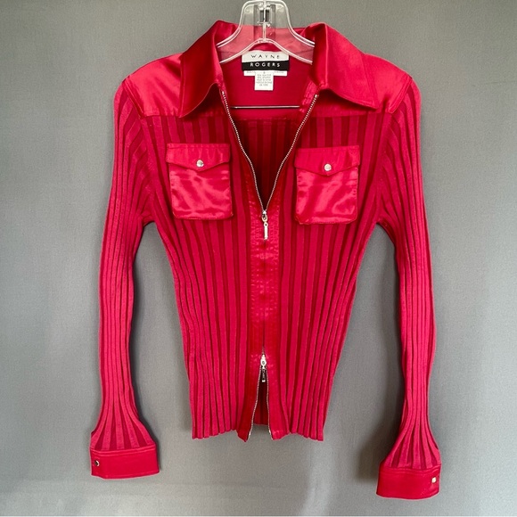 Vintage Wayne Rogers 70% silk and spandex long sleeve collared top with zipper - Picture 1 of 11